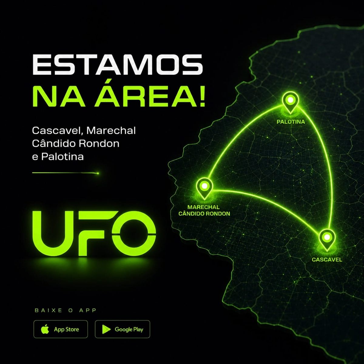 Mapa do oeste do Paraná com as cidades onde a UFO opera: Cascavel, Marechal Cândido Rondon e Palotina